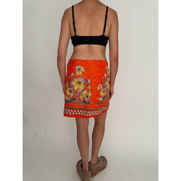 90s vintage orange hawaiian floral print mini wrap skirt beach cover up one size - Picture 4 of 7